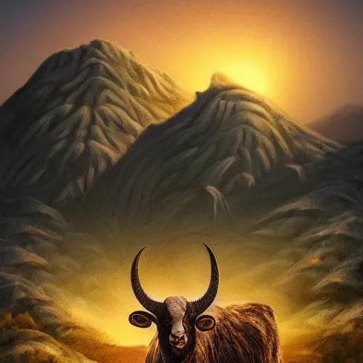 Prompt: ram stuck to a bush by it's horns, caught with its horn in a bush. Desert mountain background. Sunrise. digital painting, concept art, highly detailed, promotional art, HD, digital painting, trending on ArtStation, golden ratio, rule of thirds