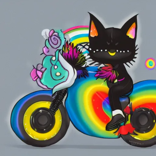 Image similar to wide angle full body, jacket wearing fluffy cute rainbow kitten wearing a black leather motorcycle jacket, riding on a motorcycle, cinematic concept art