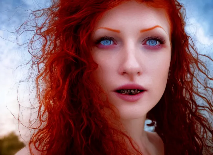 Image similar to award winning 5 5 mm close up face portrait photo of an anesthetic and beautiful redhead woman who looks directly at the camera with blood - red wavy hair, intricate eyes that look like stars, and fangs, in a park by luis royo. rule of thirds.