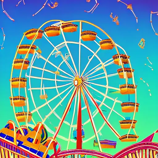 Prompt: a theme park in old egypt, sphynx and pyramids visible, ferris wheel, lights, carnival, illustration, digital art by laura price