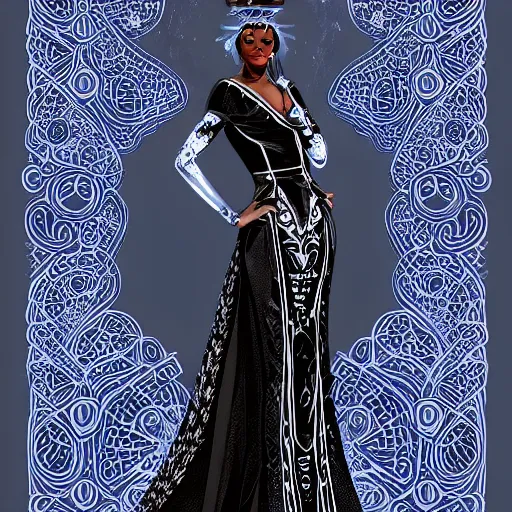 Prompt: full-length portrait pose of a beautiful black woman, dark blue patterned white gown, elf, casting glowing threads of magic, concept art, intricate, highly detailed, digital art, illustration, trending on artstation, art by Artgerm and Justin Ong