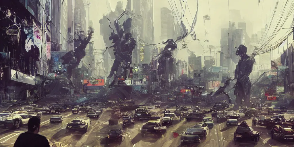 Image similar to cinematic wide angle view of a dystopian instagram influencer parade through the streets los angeles being worshipped by shadow figures, by yoshitaka amano, by ruan jia, by conrad roset, by kilian eng, high detail, digital painting, minimalist art style, death stranding art style, cinematic lighting, artstation, cgsociety, 3 5 mm film grain