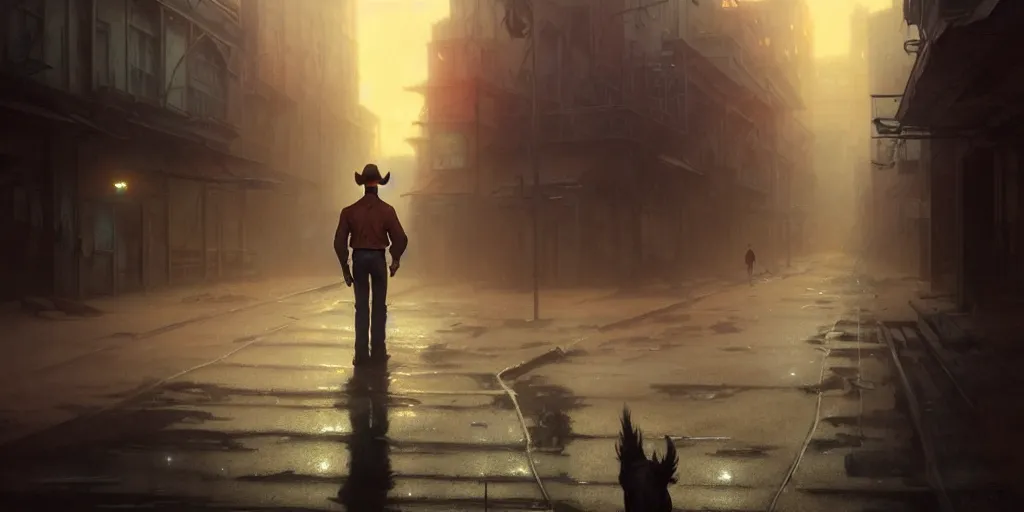 Image similar to a solo cowboy walking in an abandoned city street, cinematic, volumetric moody lighting, highly detailed, digital painting, artstation, concept art, matte, sharp focus, illustration, art by artgerm and greg rutkowski and alphonse mucha