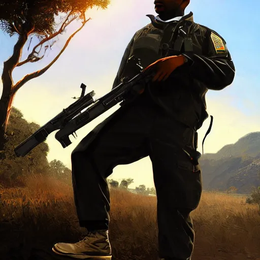 Prompt: A black man in a US military outfit in a grand theft auto 5 loading screen , art by Albert Bierstadt and James Gurney, highly detailed, digital painting, matte painting, concept art, illustration, oppressive lighting, trending on artstation, very detailed