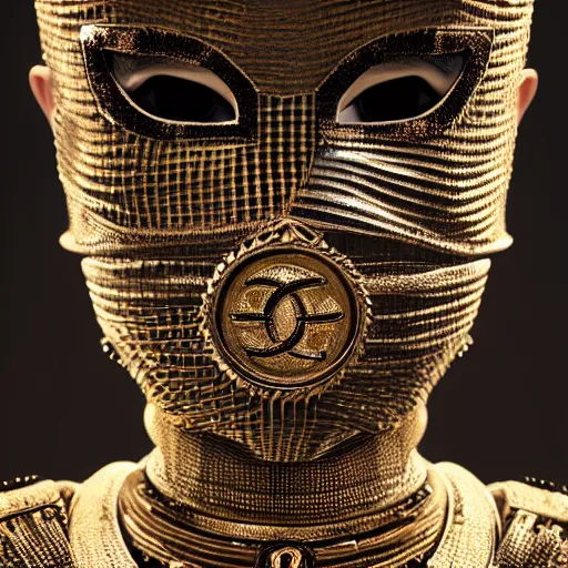 Image similar to portrait of masked dune dynasty with chanel clothes, white background, chanel logo, 8 k, symmetrical, 3 d render, octane render, insane details