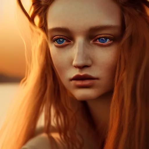 Image similar to photographic portrait of a stunningly beautiful siberian renaissance female in soft dreamy light at sunset, beside the river, soft focus, contemporary fashion shoot, in a denis villeneuve and tim burton movie, by edward robert hughes, annie leibovitz and steve mccurry, david lazar, jimmy nelsson, extremely detailed, breathtaking, hyperrealistic, perfect face, octane render