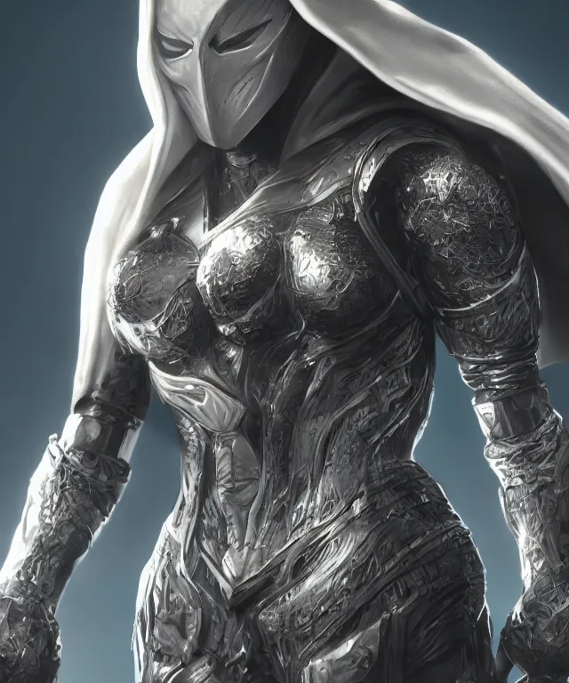 Image similar to female moon knight, hyper detailed, digital art, trending in artstation, cinematic lighting, studio quality, smooth render, unreal engine 5 rendered, octane rendered, art style by johames vemeer