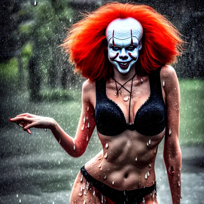 Image similar to fully body pose, photo of a very beautiful!! victoria secret model, pennywise, wet hair, raining, 8 k, hdr, smooth, sharp focus, high resolution, award - winning photo, trending on artstation, dslr, 5 0 mm
