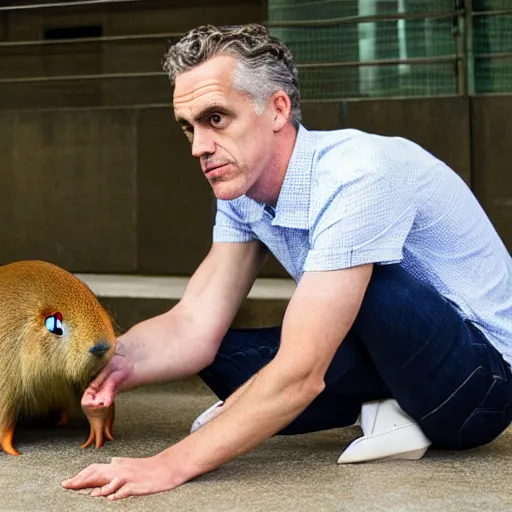 Prompt: Jordan Peterson with Capybara for shoes