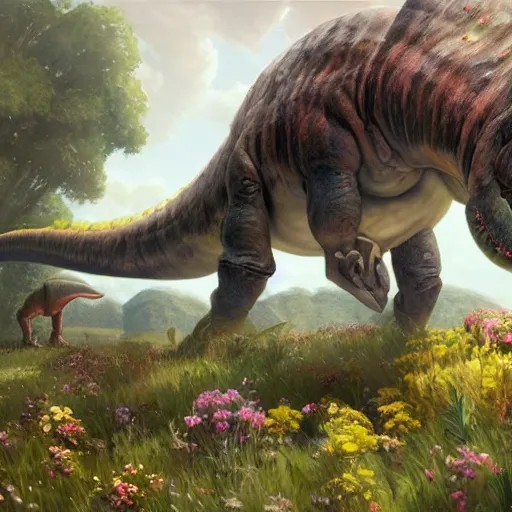 Image similar to Beautiful digital painting of monumental herbivorous dinosaur covered with flowers by Greg Rutkowski and James Gurney, trending on Artstation, deviantart, ultra detail, flower dinosaur