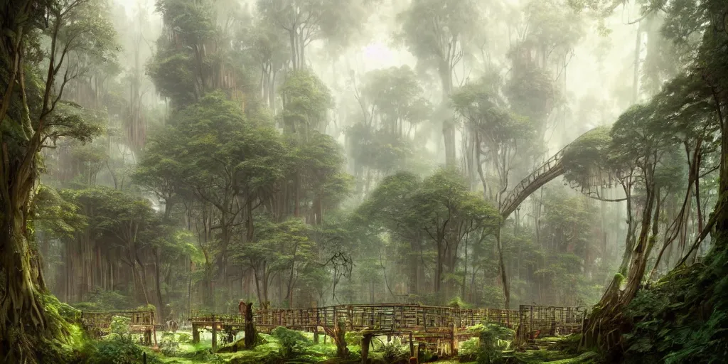 Prompt: a suspended village built with wood and bridges high up a dense forest with many giant tall and large trees, ultra detailed, concept art, game art, matte painting, by tomasz alen kopera and peter mohrbacher, and michel - ange, artstation 8 k, greg rutkwowski, alphonse mucha, studio ghibli, wlop