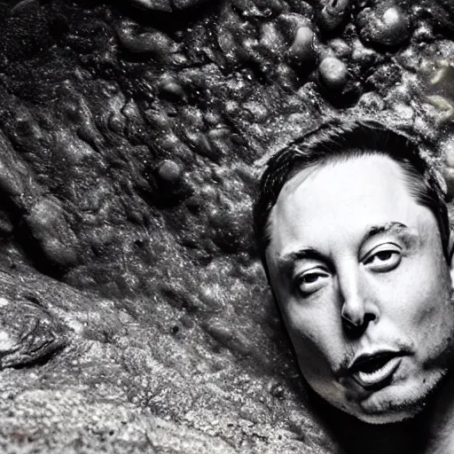 Image similar to photo inside a cavern of a wet reptilian humanoid rapper elon musk partially hidden behind a rock, with black eyes, open mouth and big teeth