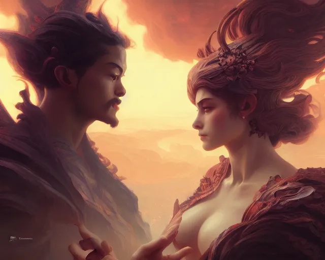 Image similar to photography of two people in volcano, deep focus,, fantasy, intricate, elegant, highly detailed, digital painting, artstation, concept art, matte, sharp focus, illustration, hearthstone, art by artgerm and greg rutkowski and alphonse mucha