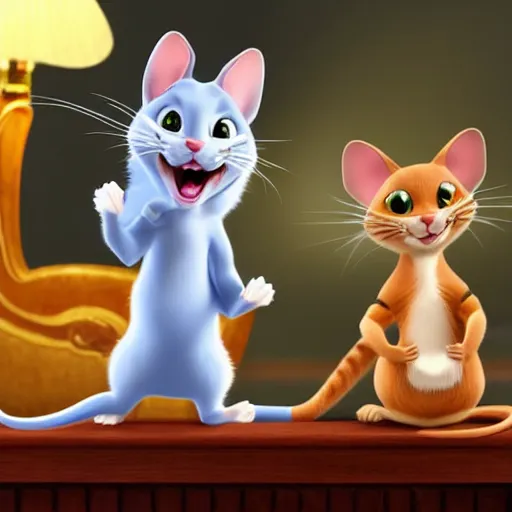 Image similar to tom and jerry as a real cat and mouse, very very realistic, 4 k, detailed