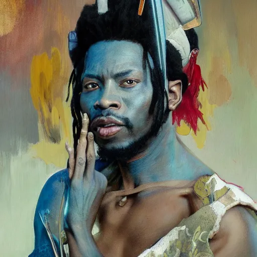 Prompt: a full body fantasy portrait oil painting illustration of an African samurai by Justin Sweet and Greg Rutkowski and Alphonse Mucha and Jean-Michel Basquiat and Kehinde Wiley with face and body clearly visible, visible pupils, d&d, rpg, forgotten realms, artstation trending, high quality, sombre mood, artstation trending, muted colours, no crop, entire character!,