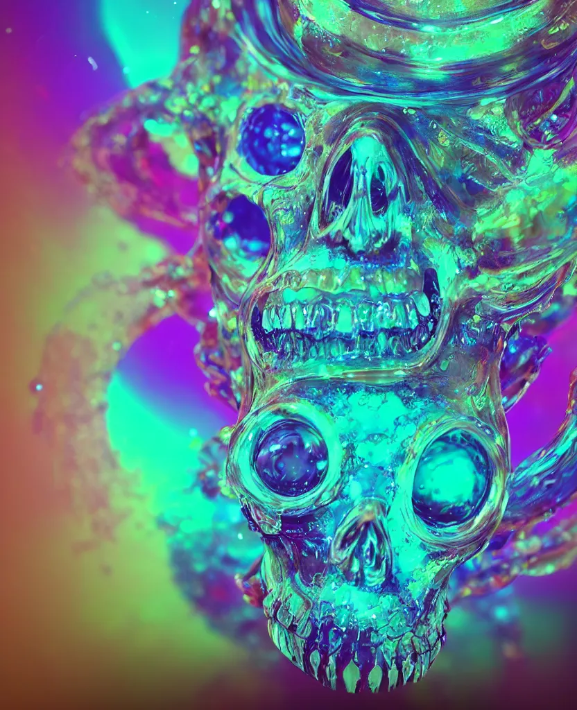 Image similar to close-up portrait of skull dichroic orchid jellyfish skull, betta fish, bioluminiscent creatures, intricate artwork by Tooth Wu and wlop and beeple. octane render, trending on artstation, greg rutkowski very coherent symmetrical artwork. cinematic, hyper realism, high detail, octane render, 8k