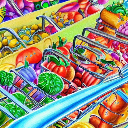 Image similar to a colorful realistic drawing of ants going grocery shopping, detailed, depth of field, 8 k render, hd