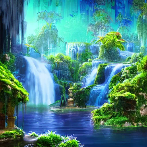 Image similar to a old Marble palace with plants and waterfalls,retrowave art,digital art