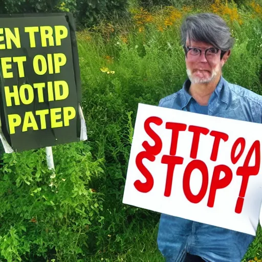 Prompt: of an environmentalist holding up a plastic sign saying stop using oil now photorealistic