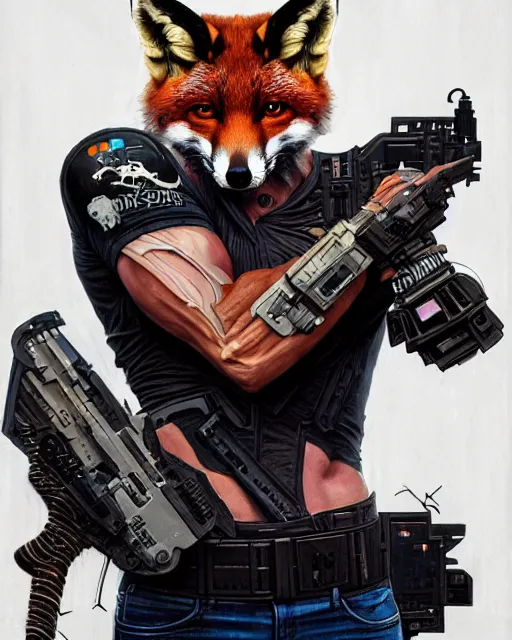 Image similar to a portrait of a muscular anthropomorphic cyberpunk fox by sandra chevrier, by jon foster, detailed render, pistol in holster, tape deck, epic composition, cybernetics, 4 k realistic, cryengine, realistic shaded lighting, sharp focus, masterpiece, by enki bilal