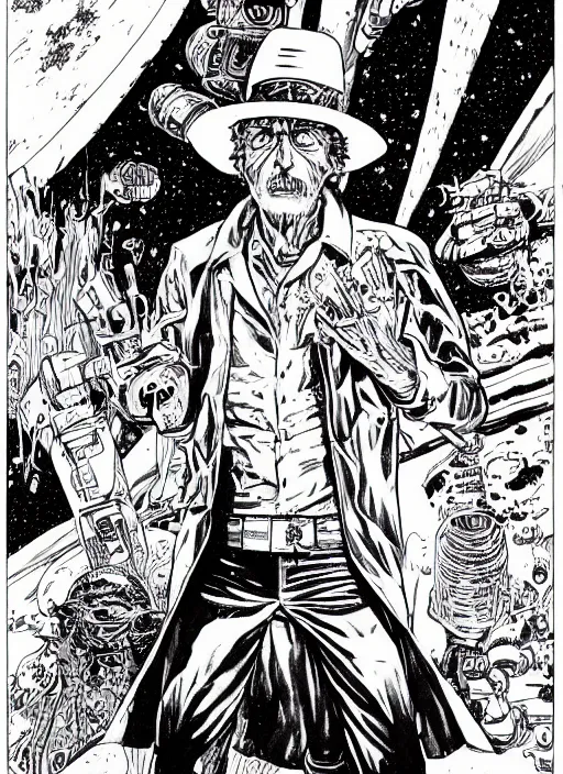 Prompt: Rick Sanchez as badass space cowboy in retro science fiction cover by Moebius, vintage 1960 print, inked, detailed, trending on artstation, extremely detailed face