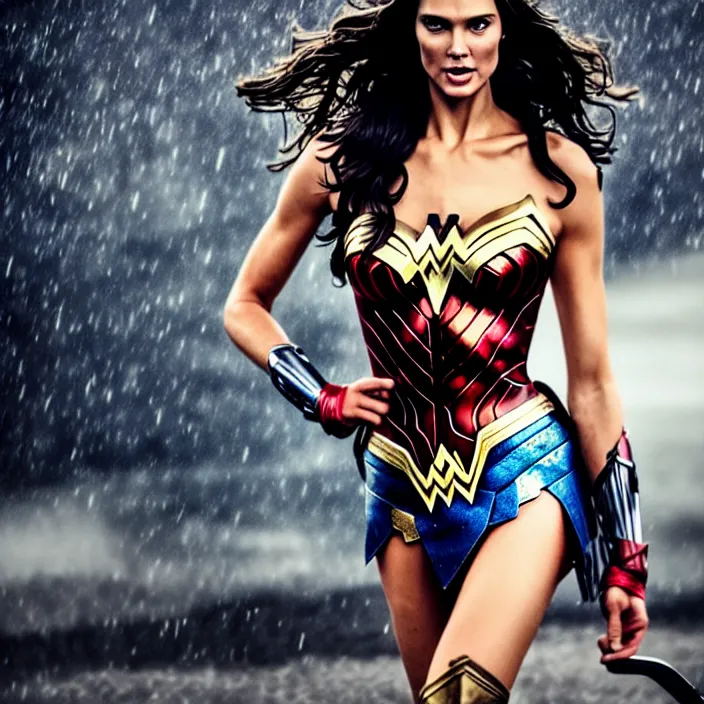 Image similar to fully body pose, photo of a very beautiful!! victoria secret model, wonder woman, wet hair, raining, 8 k, hdr, smooth, sharp focus, high resolution, award - winning photo, trending on artstation, dslr, 5 0 mm