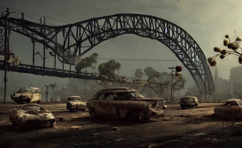 Image similar to explosions in the form of realistic cotton plants cover harbour bridge, smooth, sharp focus, highly detailed, 3 d octane render, epic lighting, dark atmosphere, post apocalyptic, lots of cotton plants, rusty cars, 8 k, by goro fujita
