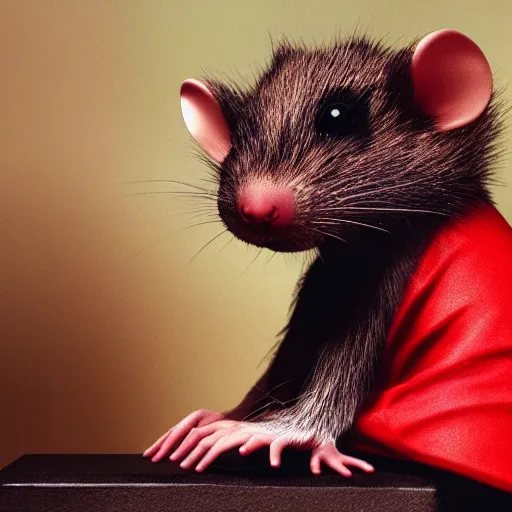 Image similar to a portrait of a human-rat hybrid with brown fur wearing a red kimono, hyper realistic, photography, film still