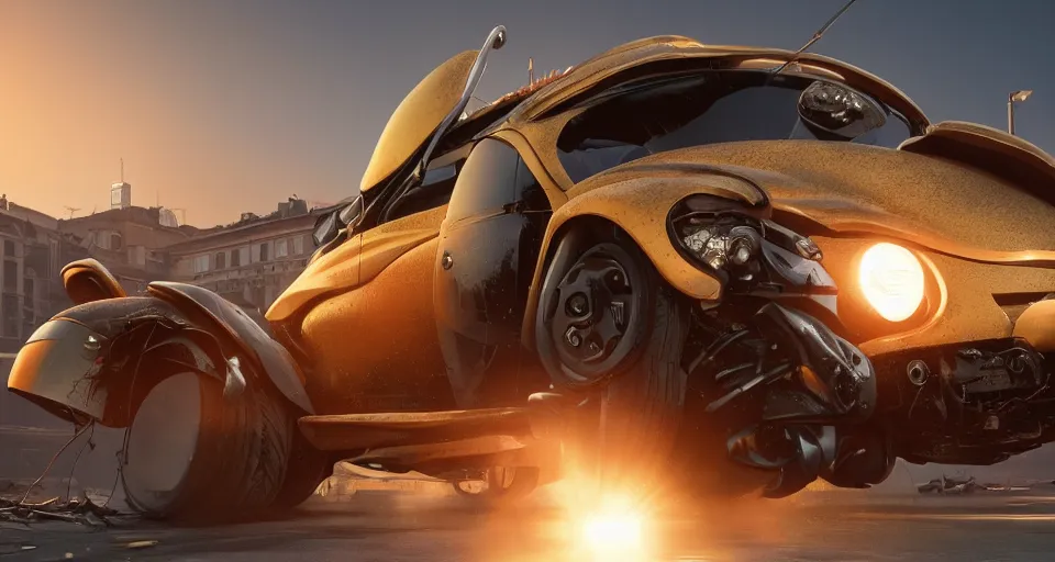 Prompt: giant beetle crush a car on the street, close up, hyperdetailed, artstation, cgsociety, golden hour 8k