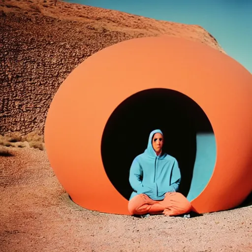 Image similar to a man wearing a salmon hoodie sitting outside a Non-Euclidean orb-like clay house sitting in the desert, vintage photo, beautiful cinematography, blue sky, film grain, James Turrell