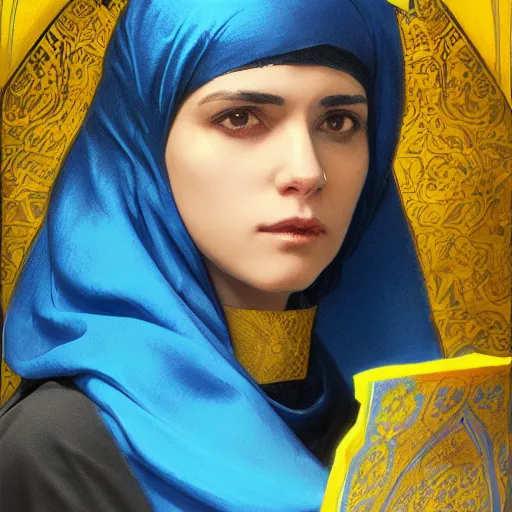 Prompt: portrait of a middle - eastern female cleric with straight black hair wearing blue and yellow vestments, fantasy, highly detailed, digital painting, artstation, concept art, character art, art by greg rutkowski and tyler jacobson and alphonse mucha