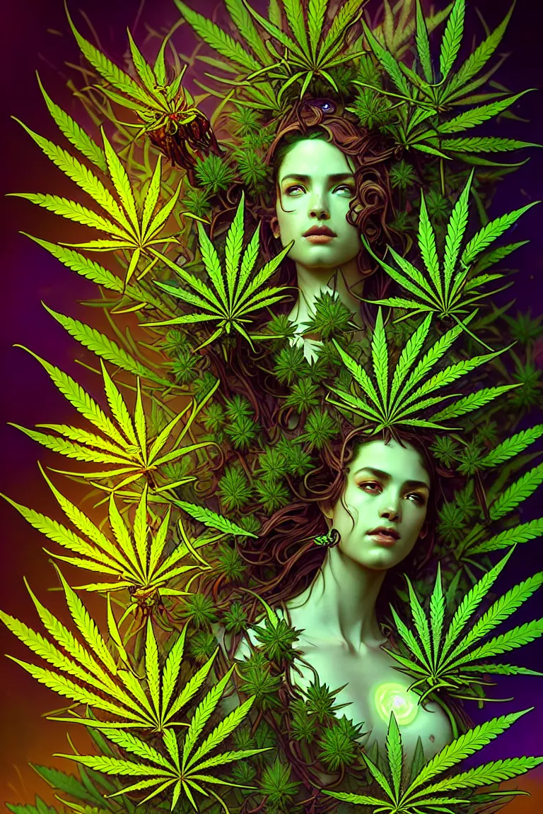 Prompt: epic scale cinematic full body marijuana goddess character concept perfect focus closeup macro photography of a beautiful marijuana bud crystals trichomes, densely packed buds of weed neon blacklight, sacred dmt weed goddess visionary fantasy art by greg rutkowski android jones artgerm alphonse mucha rule of thirds golden ratio alien plants