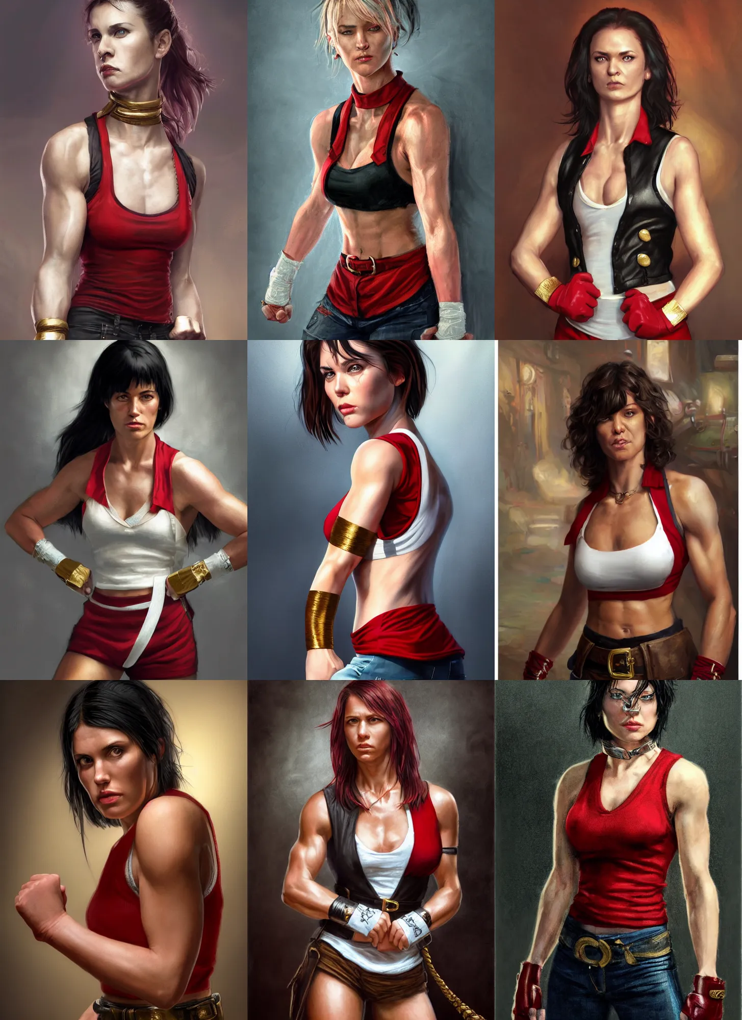 Prompt: a portrait a woman in her 2 0 s, attractive, muscular, wearing red collared tanktop vest with gold lining, smirking, white bandages on fists, black hair, short - medium length hair, serious, style by donato giancola, wayne reynolds, jeff easley dramatic light, high detail, cinematic lighting, artstation, dungeons and dragons