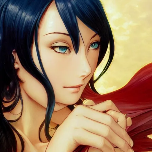 Image similar to highly detailed vfx portrait of nico robin by eiichiro oda!, makoto shinkai, alphonse mucha, art by artgerm and greg rutkowski!, backlit, harsh overhead sunlight, blue eyes!!, large aquiline nose!!, kaoru mori, best of behance, concept art, matte, sharp focus, illustration,