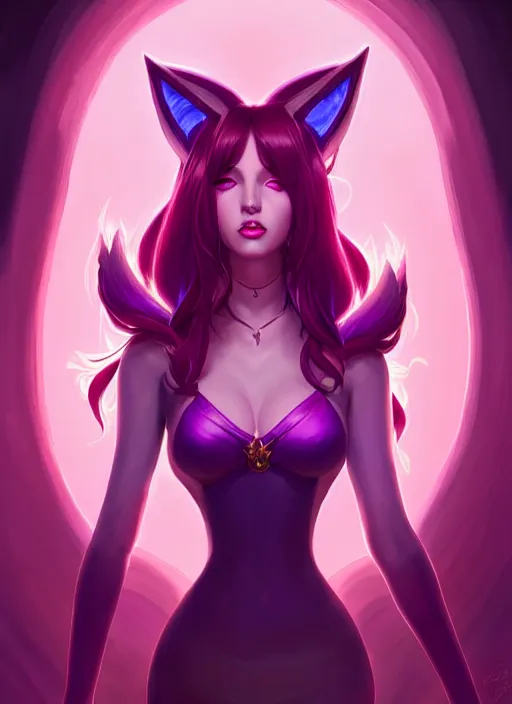 Image similar to symmetry!! portrait of beautiful female character coven ahri, league of legends art, dark atmosphere, purple fire, glowing lights!! intricate, elegant, highly detailed, digital painting, artstation, vector behance hd jesper ejsing, hd, 3 2 k, ilya kuvshinov, gustav klimt