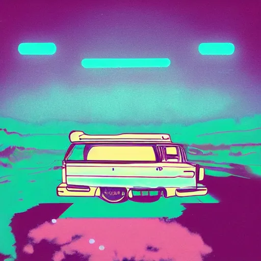 Prompt: lofi vaporwave retro futurism album artwork underground unknown sitting in the back of a police car