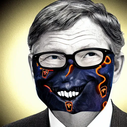 Image similar to a demon wearing a mask with the face of bill gates.