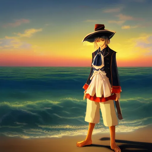 Image similar to Kirisame Marisa, sunset on the beach, touhou project, ZUN, beautiful portrait, oil on canvas, official artwork, trending on artstation, in the style of Aivazovsky