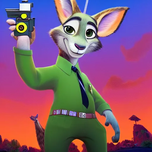 Image similar to “portrait of a cartoon animal, zootopia movie style, pointing a laser gun at the camera, digital art, 4k, award winning”