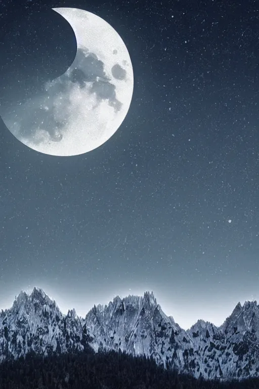 Prompt: digital matte fantasy dreamy mountain scape dark tones snow, crescent moon, wolf, 8 k by alex grey