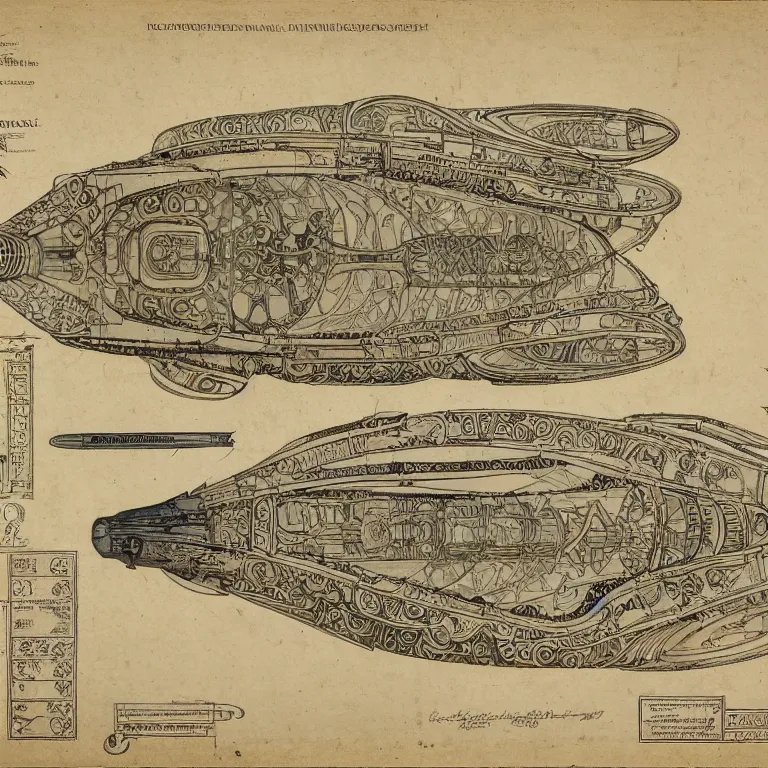 Prompt: detailed, intricate technical drawings on parchment from 1 8 4 0, with labels and notes, for a beautiful, symmetric, art deco submarine cutaway, by ron cobb and alphonse mucha