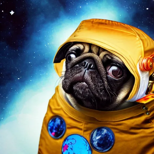 Image similar to A pug in a spacesuit floating through space. Photorealistic.