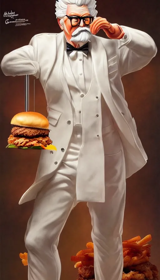 Image similar to a full body portrait of colonel sanders the fried chicken god, presenting the zinger burger!! extremely beautiful, anatomically accurate, by artgerm and by greg rutkowski and by alphonse mucha and by simon bisley, radiant light, detailed and intricate environment,