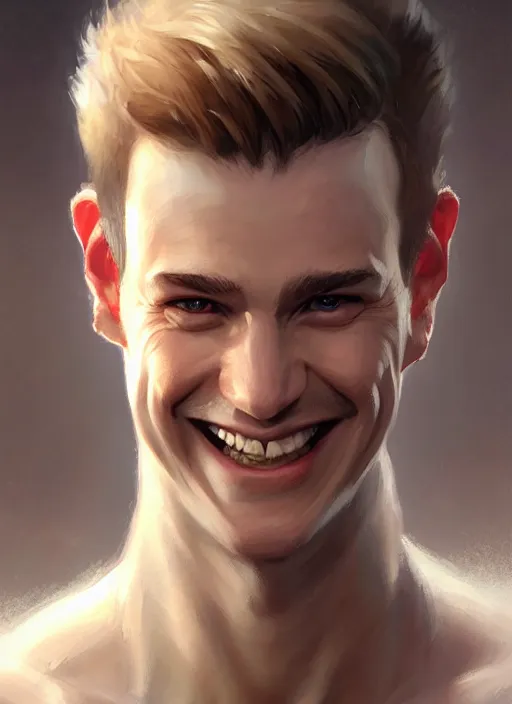 Image similar to a _ fantasy _ style _ portrait _ painting _ of white male short fringe light brown hair short face grinning clean shaven short head, rpg dnd oil _ painting _ unreal _ 5 _ daz. _ rpg _ portrait _ extremely _ detailed _ artgerm _ greg _ rutkowski _ greg