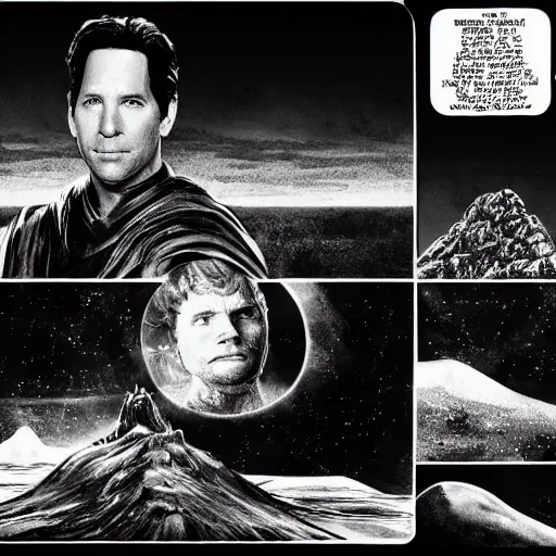 Image similar to Paul Rudd in the movie Dune, black and white matte painting, comic book