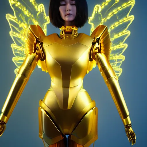 Prompt: maria of metropolis, humanoid robot, golden full body armor, wide open wings, beautiful helmet in the shape of a face, glowing yellow eyes, scifi, glowwave, giant flowers background, futuristic, raytracing, cinematic lighting, artstation, divine, unreal engine 5 rendered, art style by pixar warner bros dreamworks disney and kazuya takahashi