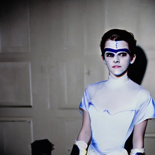 Prompt: emma watson, superhero halloween costume, award winning, kodak ektachrome expired blue tint,