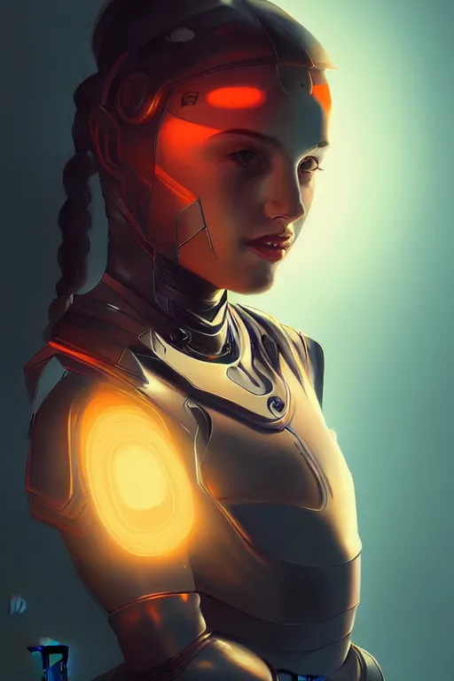 Prompt: portrait of a girl with a biomechanic armor and neon light by Artgerm and Vermeer, dramatic lighting, digital painting, highly detailed, trending on artstation