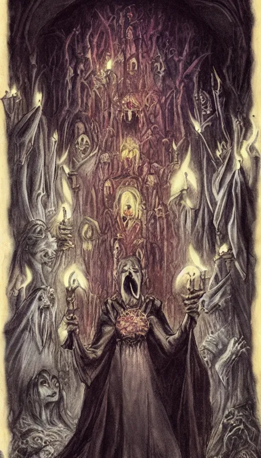 Image similar to dracula, gothic horror, by brian froud, candlelit catacombs