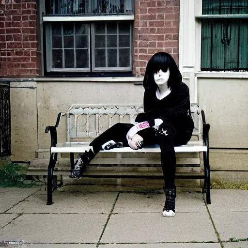 Image similar to a photograph of an emo goth girl sitting on a bench in front of a British house on a hot day, 2006, black hair